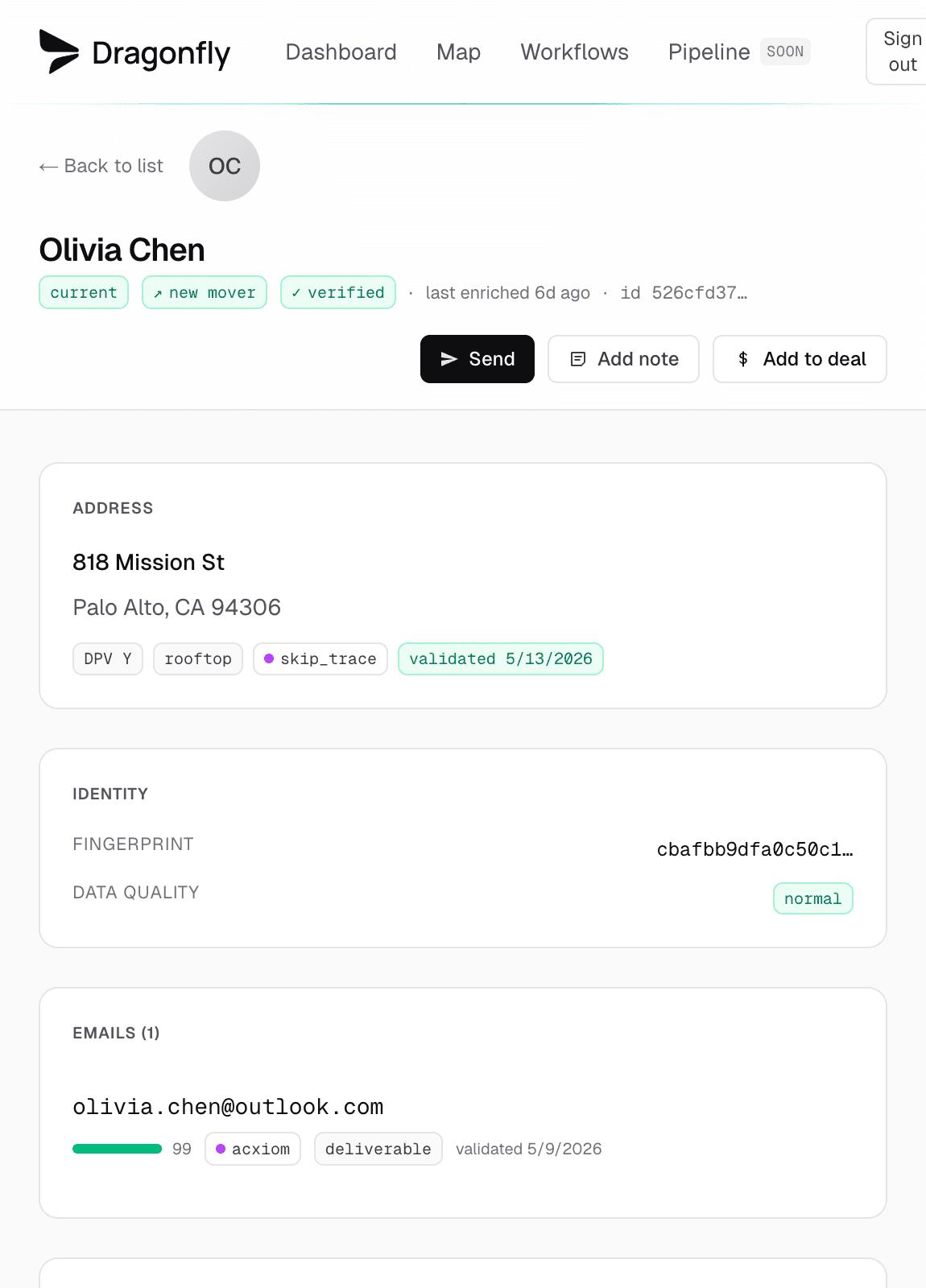 Contact detail with a quick-send action