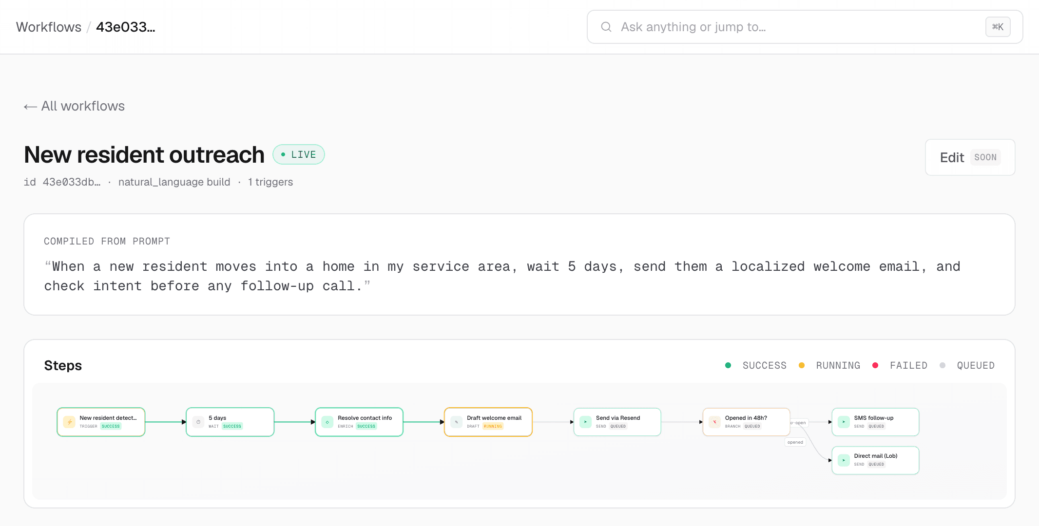 Dragonfly workflow editor: a natural-language prompt compiled into a live sequence of 8 automated steps with a branching follow-up
